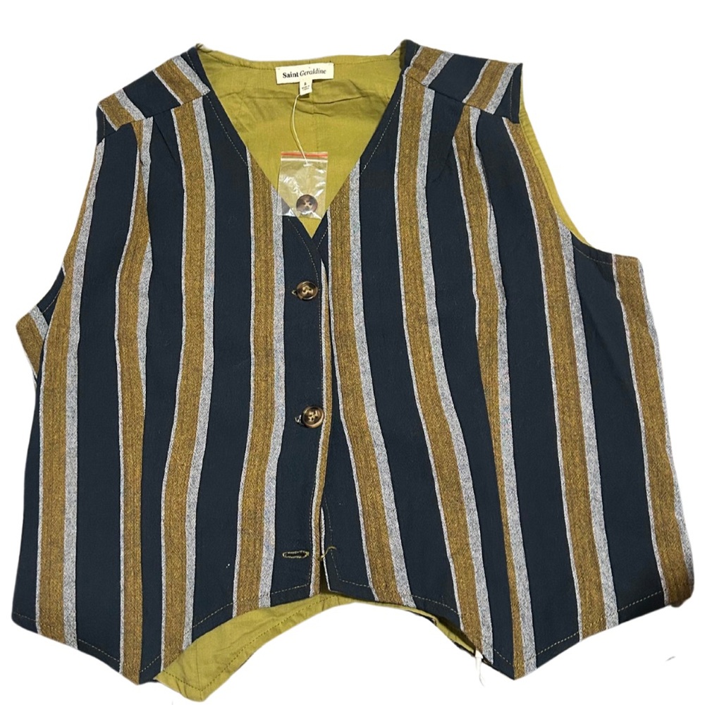 Saint Geraldine Green Striped Button Down Vest Top | Size L